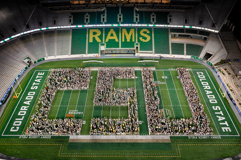 The incoming class of 2028 spells out CSU in Canvas Stadium at the 2024 Ram Welcome event at Colorado State University. August 17, 2024